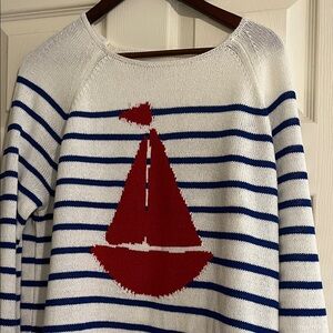 LOFT White and Blue Striped Sweater with Red Sailboat